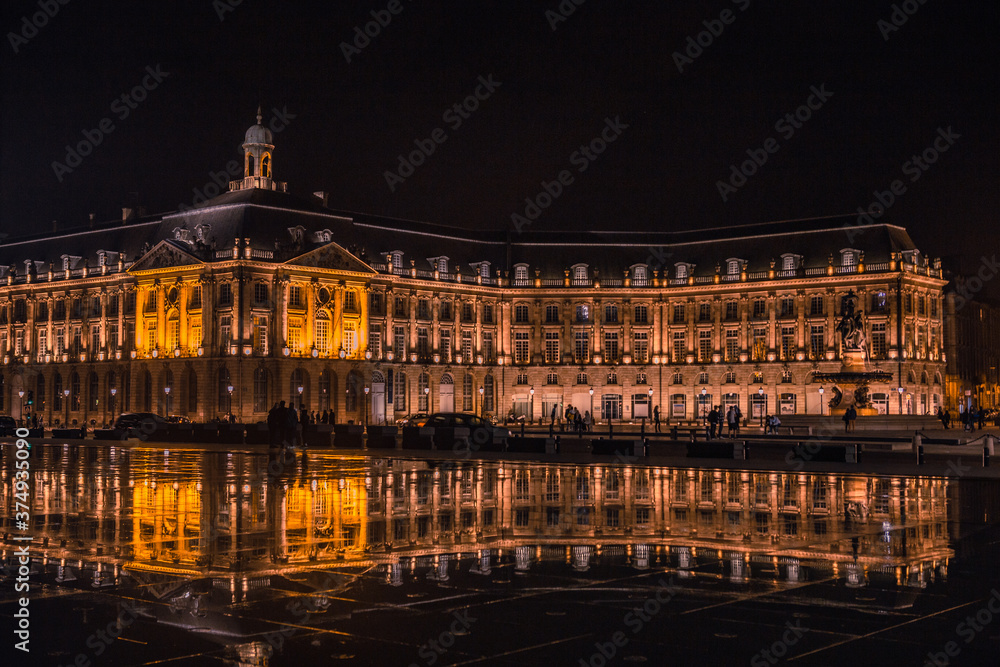 The water mirror plaza in Bordeaux, at nigh.