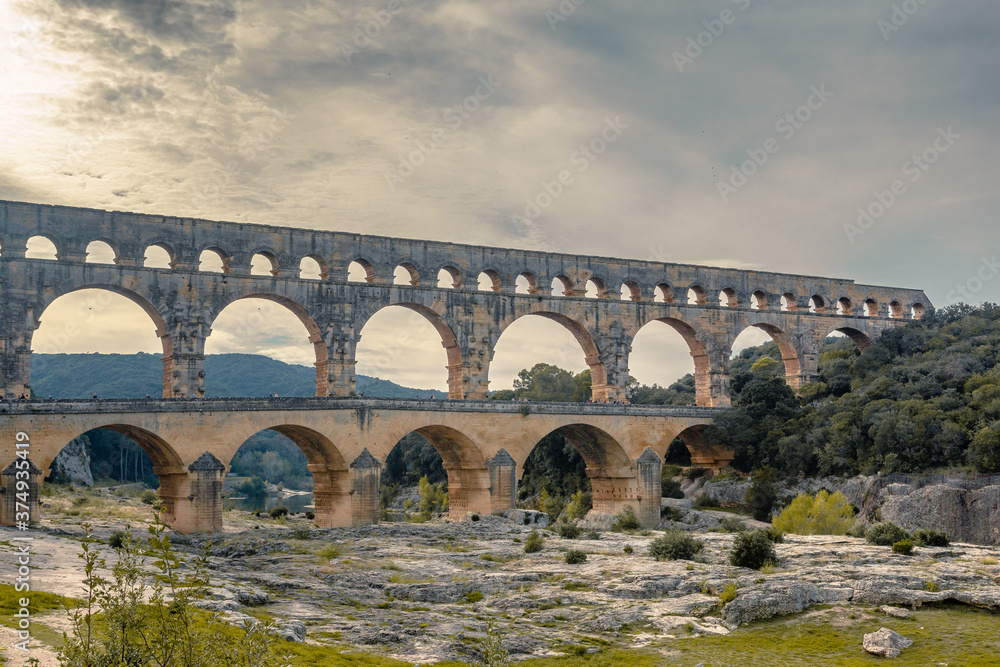 Pont du Gard, the ancient roman bridge in Provence, France.