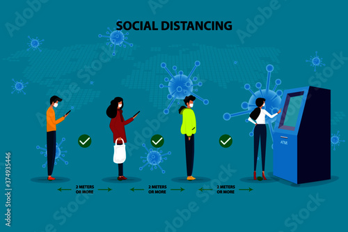 Social distancing and coronavirus prevention. People wear white medical mask and waiting in the line at ATM machine and keep distance 2 meters or more. They are safe and a lot of virus in the air.