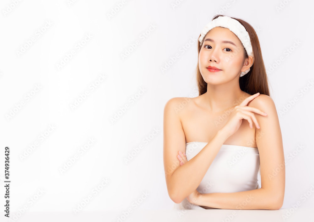 Portrait attractive beauty young asian woman. Lovely young female has beautiful facial skin. beauty, skin care, cosmetology and spa concept with white background, copy space Portrait attractive beauty young asian woman. Lovely young female has beautiful facial skin. beauty, skin care, cosmetology and spa concept with white background, copy space