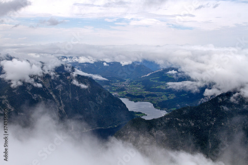 This is a view of Lake Hallstatt and Hallstatt itself. From a bird's eye view.Tourism in Austria. The Alps are a popular tourist destination in both winter and summer. Altitude 2100 m. Europe. 