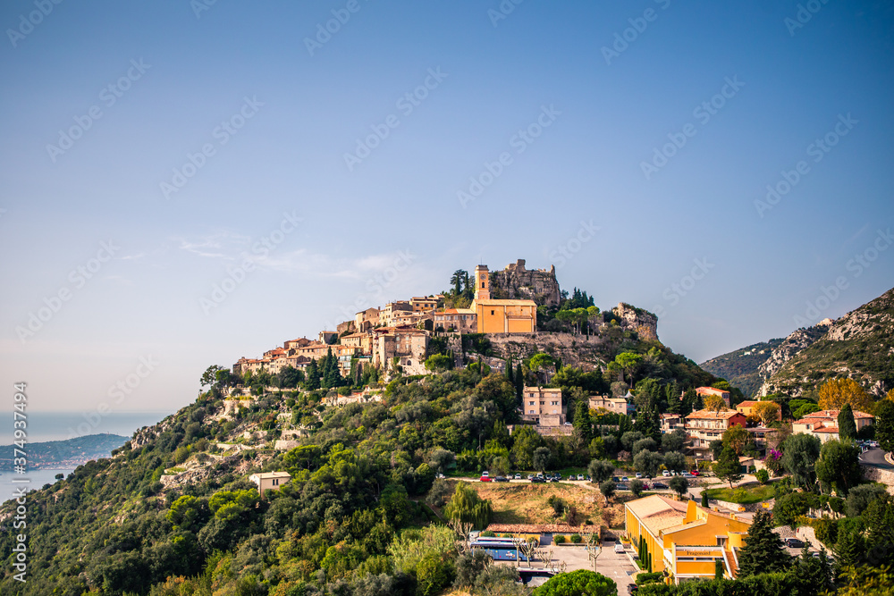Obraz premium Eze, a small and ancient town on top of mountains along the coast in Provence, France.