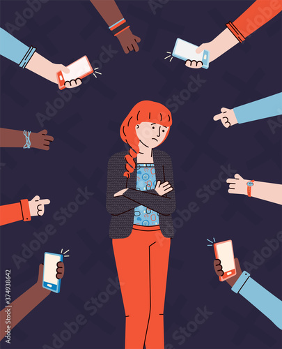Bullying and verbal bullying concept with hands pointing on girl, flat vector illustration. Victim of harassment and abuse, aggression in teenagers society.