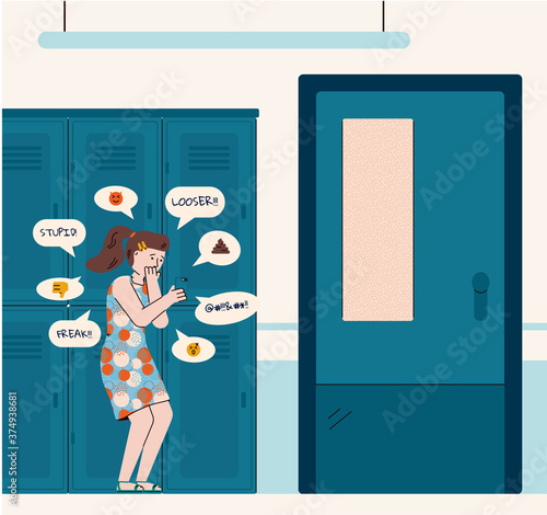 Teen girl a victim of verbal bullying or cyberbullying standing in school corridor, flat vector illustration. Problem of aggression and abusement of school classmates.