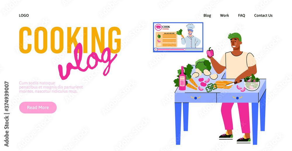 Website banner or landing page with man preparing a dish and watching restaurant chef blogger broadcast, cartoon vector illustration. Video blog streaming concept. Website banner or landing page with man preparing a dish and watching restaurant chef blogger broadcast, cartoon vector illustration. Video blog streaming concept.