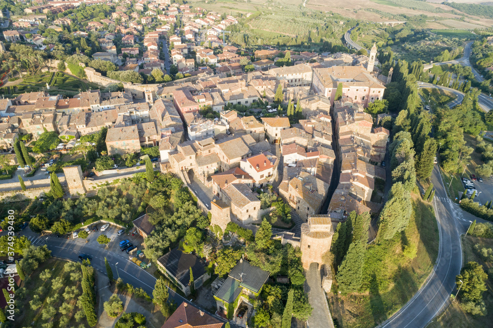 Flying over San Quirico d'Orcia. A country in Tuscany