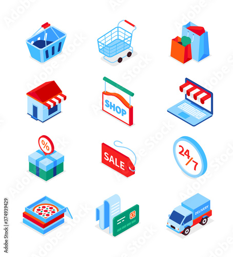 Online shopping and delivery - modern isometric icons set