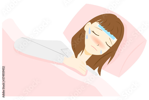 体調不良　熱　寝る　女性
