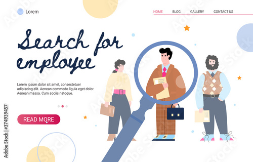 Website banner mockup for searching employee and recruitment with cartoon characters flat vector illustration. Human resources and work of hr agency concept.