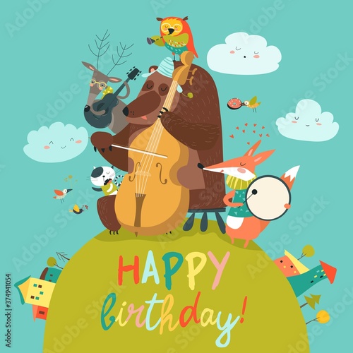 Cute Birthday card with animals and music