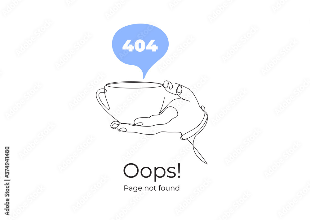 Fototapeta premium Page 404. Link to non-existent page. A cup of tea in the hand. Hand with a cup.