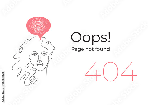 Page 404. Link to non-existent page. Female face drawn in one line.