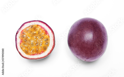 Fresh ripe passion fruits (maracuyas) on white background, flat lay