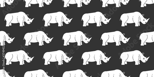 Rhino seamless pattern, White Rhino on dark background. 