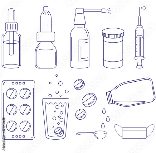 Medicinal supplies, set of bottles and medicines for illustrating illness, vector illustration, icon