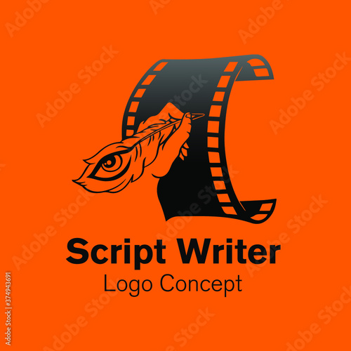 Hand writing on film reel, using quill pen. 