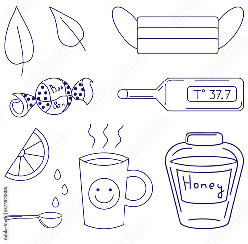 Medicinal supplies, set of natural remedies for illustrating illness, vector illustration, icon