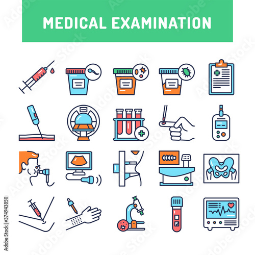 Medical examination color line icons set. Outline pictograms for web page, mobile app, promo.