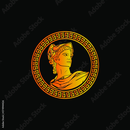 Ares, Greek god of war with circle and golden color logo. 