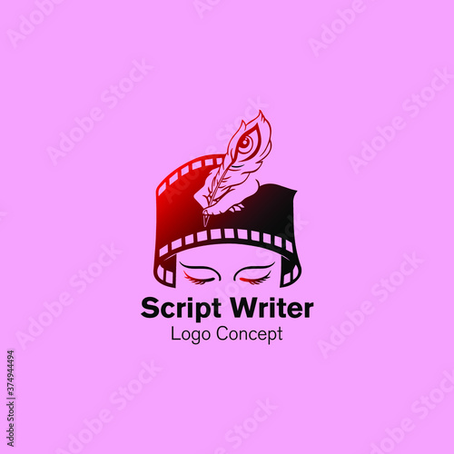 Writing hand with quill over film reel logo concept.