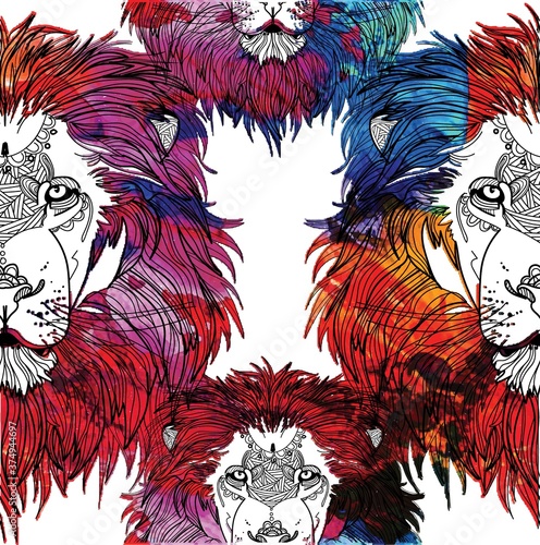 Seamless pattern with lions. Doodling, mandala. Drawing manually. Stylish background. A dangerous predator, a noble animal, a great mane.