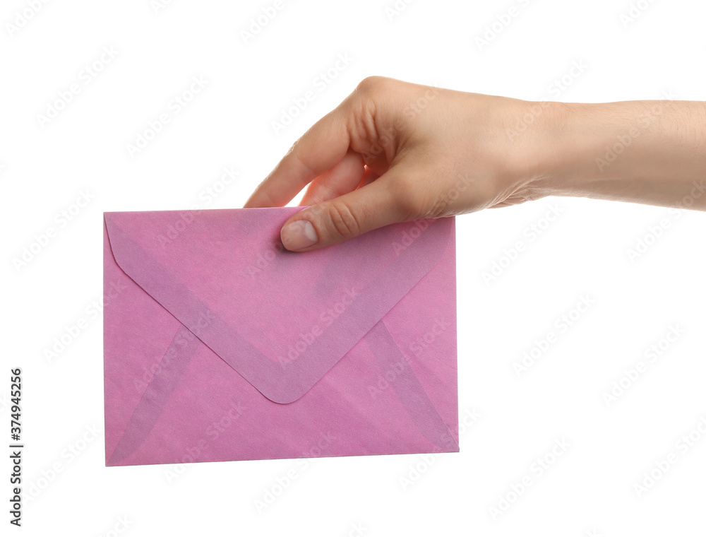 Woman holding pink paper envelope on white background, closeup Woman holding pink paper envelope on white background, closeup