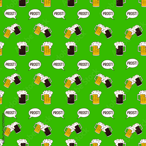 Oktoberfest lager and black beer mugs and prost bubble speech seamless pattern on green background