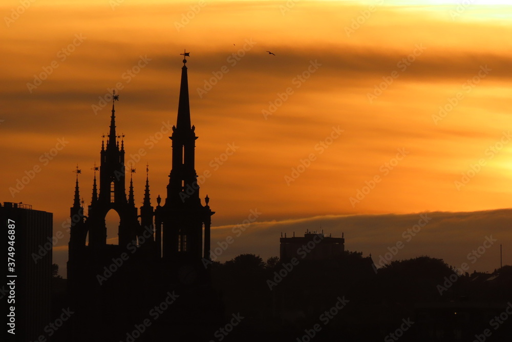 Silhouette of Cathedral and church at sunset 