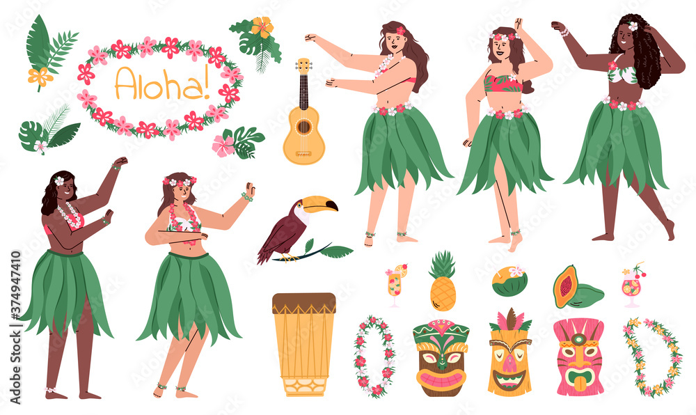 Hawaii girls dancing and having fun. People wearing traditional hawaii dresses with leaves and flowers, flat cartoon vector illustration isolated white background