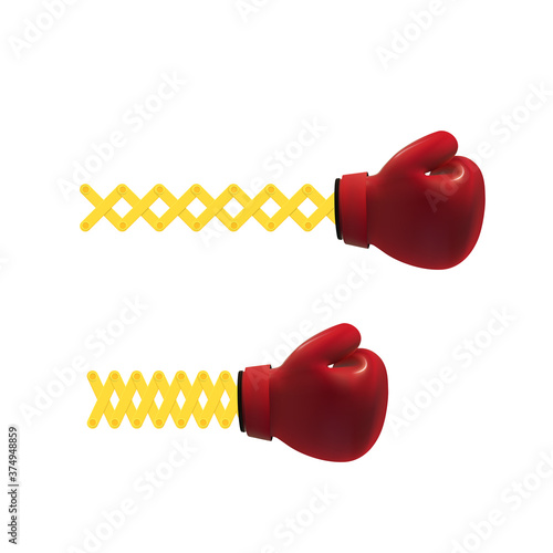 Toys of red boxing gloves on extended arms,