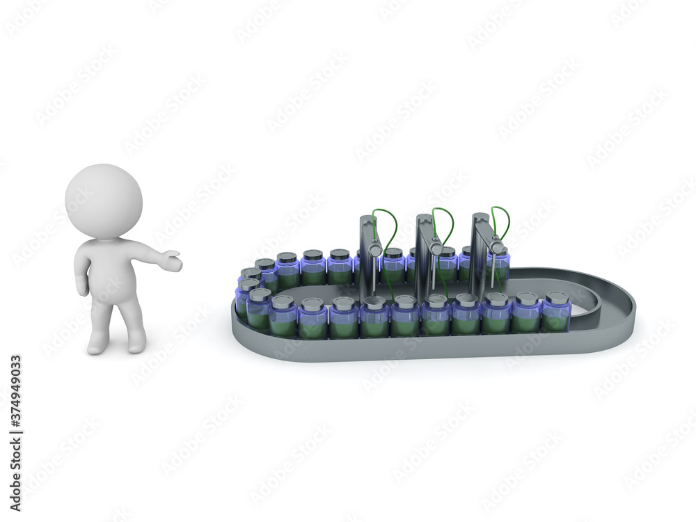 3D Character showing medical machine assembly line 3D Character showing medical machine assembly line