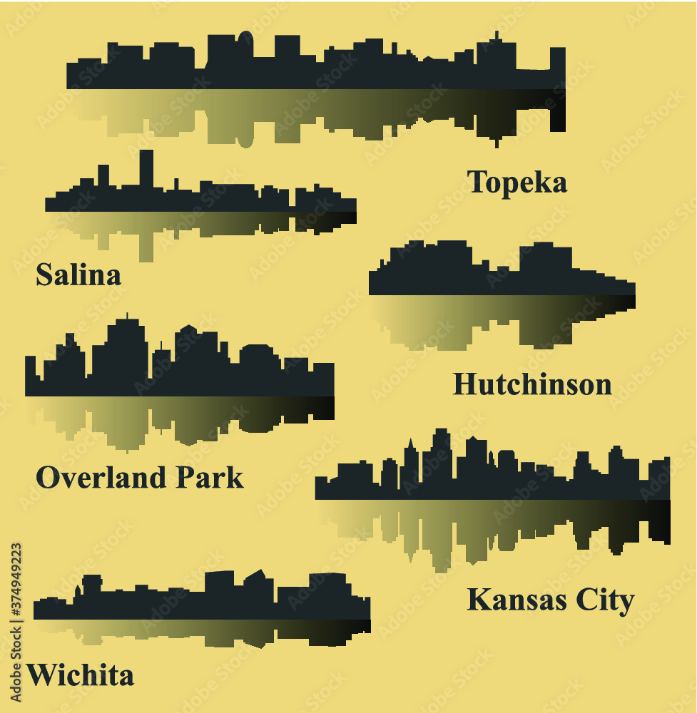 Fototapeta premium Set of 6 City silhouette in Kansas (Topeka, Salina, Kansas City, Overland Park, Wichita, Hutchinson)