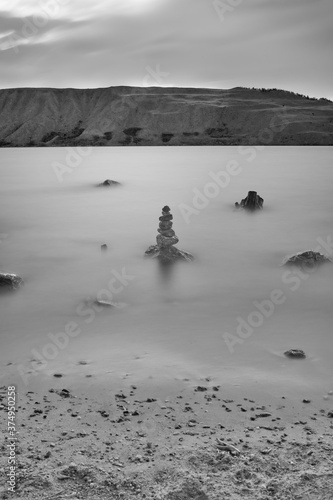 Rock cairn along the shore of Fremont Lake near Pinedale, Wyoming. photo