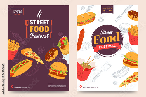 Street food festival poster design. Fast food banner design with burger, sandwich, french fries, donner kebab, noodles, donut, sausage, hot dog and a slice of pizza. Vector illustration.