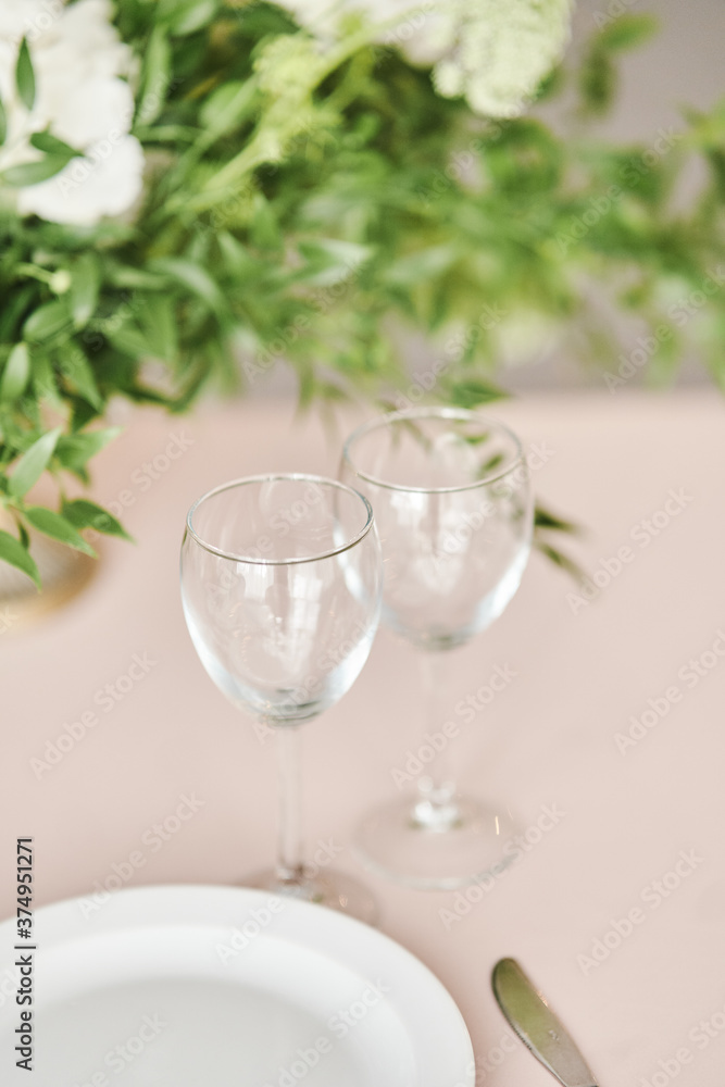Table set for an event party or wedding reception. Banquet table design Table set for an event party or wedding reception. Banquet table design