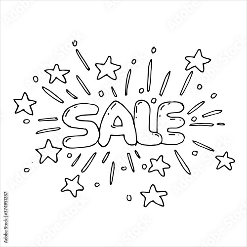 vector illustration in doodle style. fireworks, salutes, kanfiti and stars around the inscription sale. word sale. simple hand drawing logo. photo