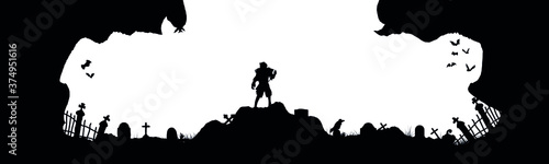 Silhouette of a cemetery with a monster isolated on a white background. Vector. EPS 10