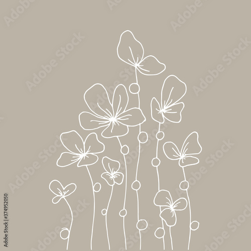 vector line drawing. flowers on a pink background. minimal design postcard. botanical logo.