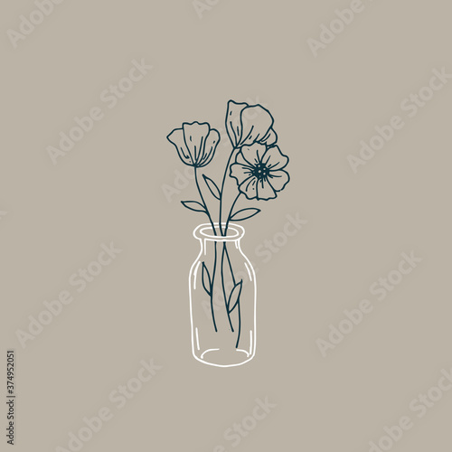 vector illustration with lines, in vintage style. magical linear drawing, flat, vase of flowers on a pink background. pastel colors, minimalistic design. logo, sticker.