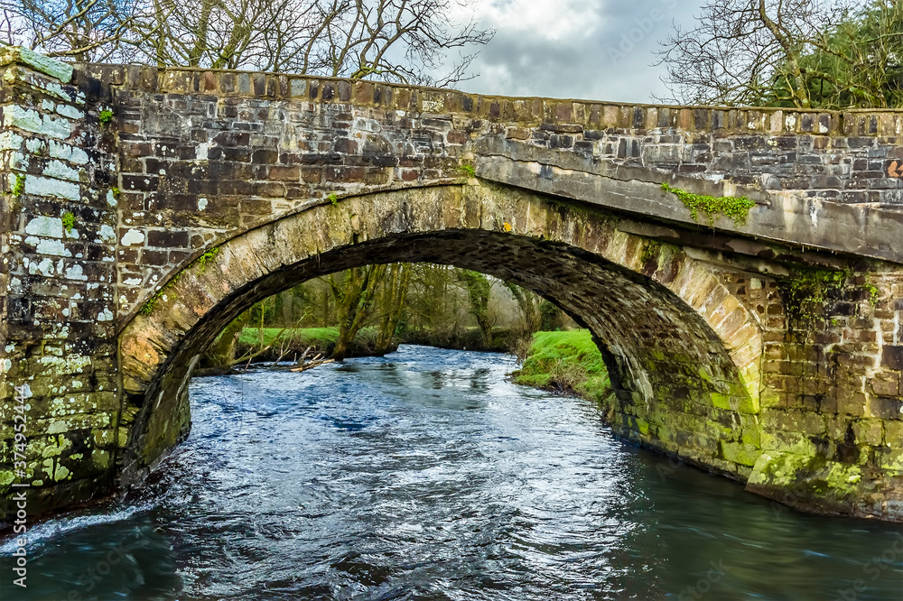 Fototapeta premium A view of the River Syfynwy flowing under the large arch of the Gelli bridge, Wales, an eighteenth-century, grade 2 listed bridge