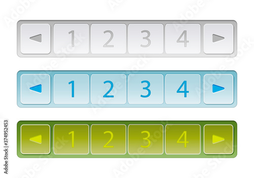 Interface de botones gris, verde y azul de paginación. 