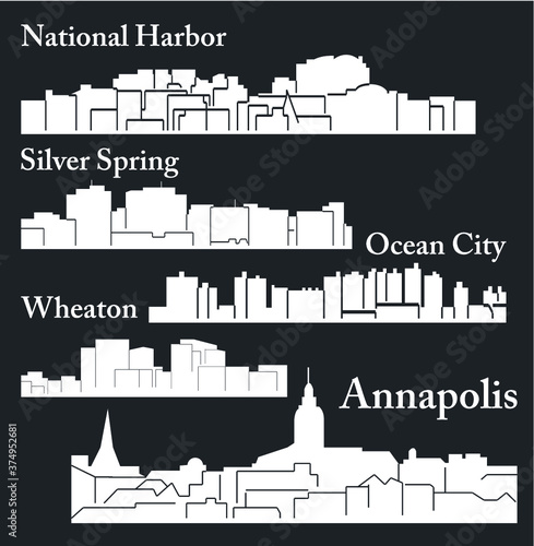 Set of 5 city silhouette in Maryland (Annapolis, Ocean City, National Harbor, Silver Spring, Wheaton) photo