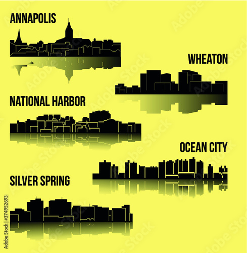 Set of 5 city silhouette in Maryland (Annapolis, Ocean City, National Harbor, Silver Spring, Wheaton)