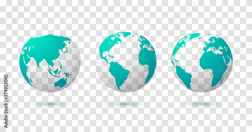 Globe earth world vector map. 3d blue transparent digital planet round globe icon set