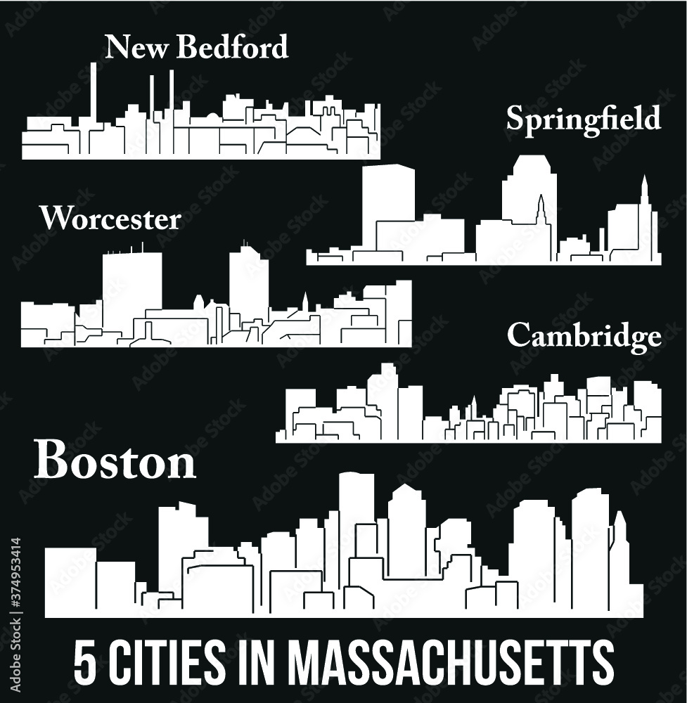 Set of 5 city in Massachusetts ( Boston, Cambridge, Springfield, New Bedford, Worcester )