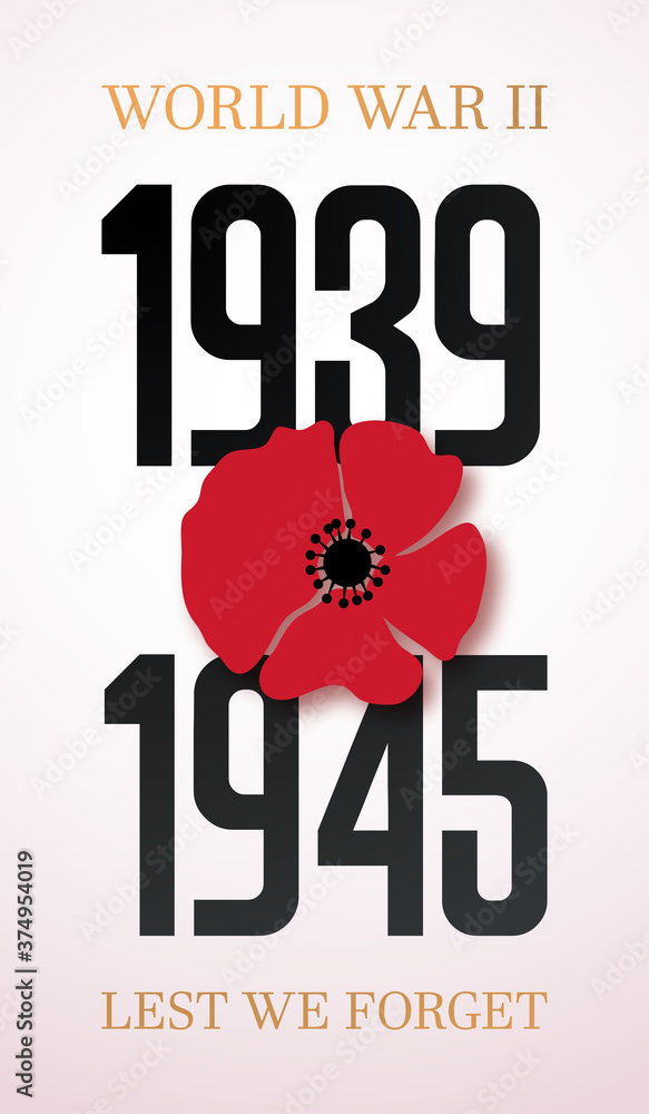 World War II commemorative poster with poppy flower. May 8th 