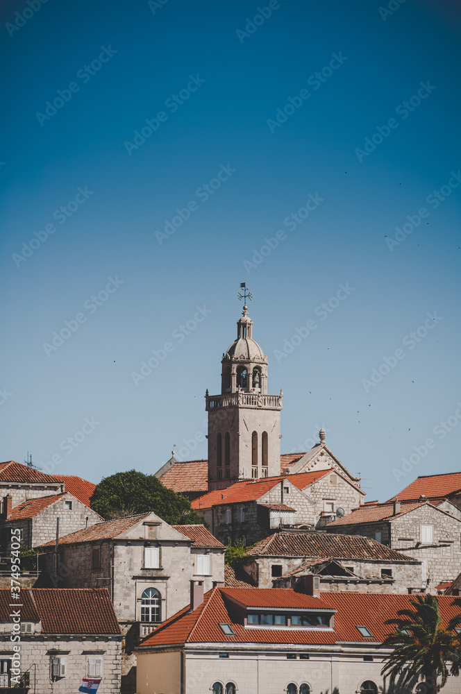 Mediterranean town island Korcula, Croatia. Summer day in adriatic Korcula port.