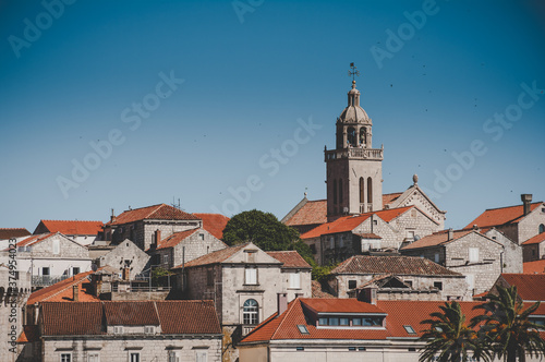 Mediterranean town island Korcula, Croatia. Summer day in adriatic Korcula port.