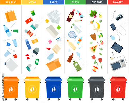 Set of sorting bins for garbage of different colors illustration in a flat design.