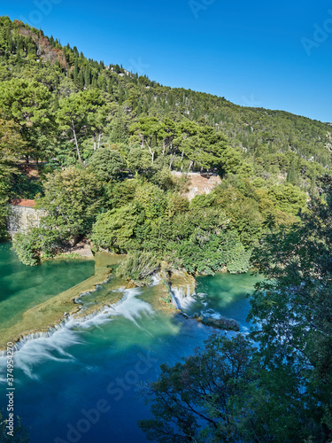 View of the waterfalls and cascades of Skradinski Buk on the Krka river. Krka National Park, Dalmatia, Croatia photo